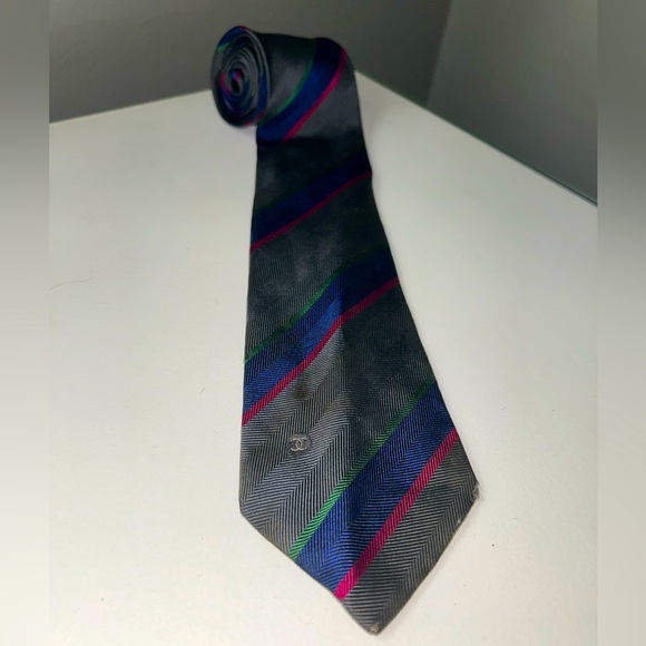 Vintage Chanel Gray Blue & Pink Striped Men’s Silk Tie - Picture 1 of 10